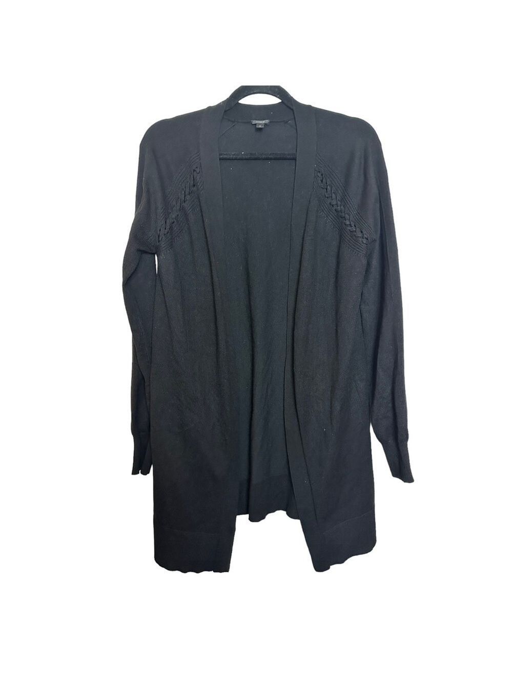 J. Crew Fine Knit Black Long Open Front Cardigan with Braided Detail